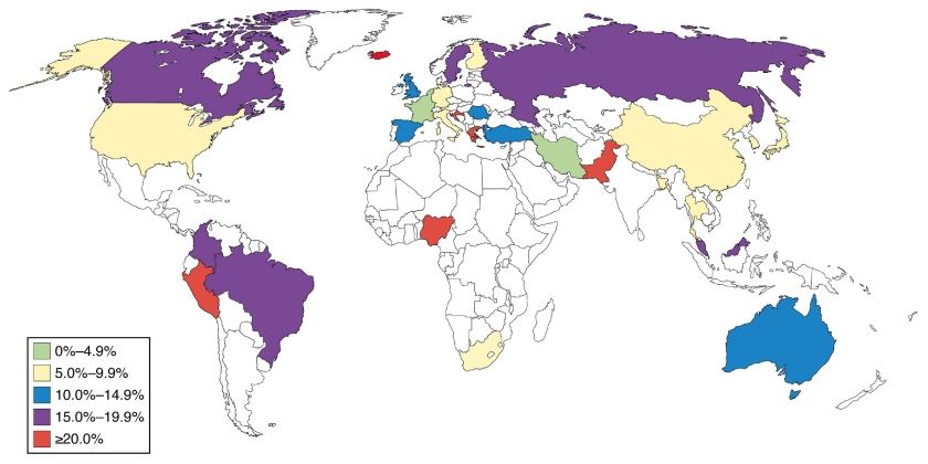Epidemiology of irritable bowel syndrome: Prevalence of IBS according to country (1).